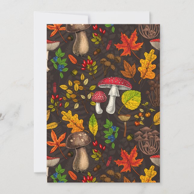 Hongos, hojas, nueces y bayas otoñales en la oscur (Anverso)