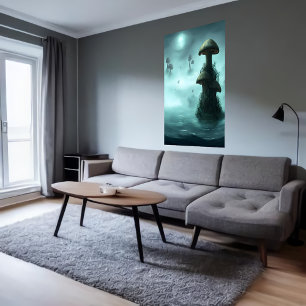 Hongos, niebla y océano   Poster de arte de IA