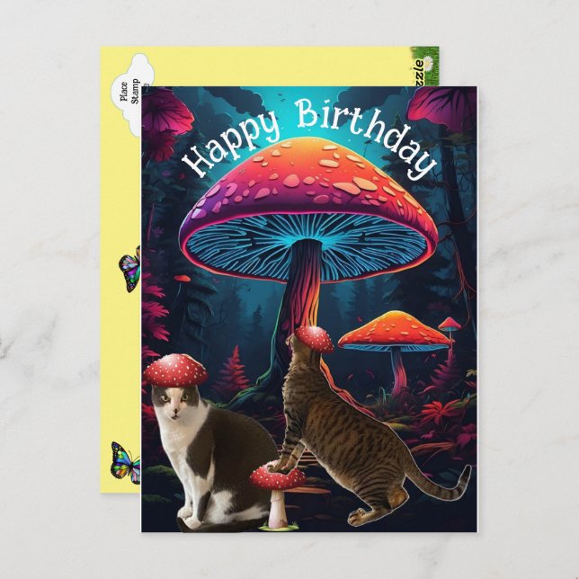 Hongos y gatos Tarjeta postal de cumpleaños (Anverso / Reverso)