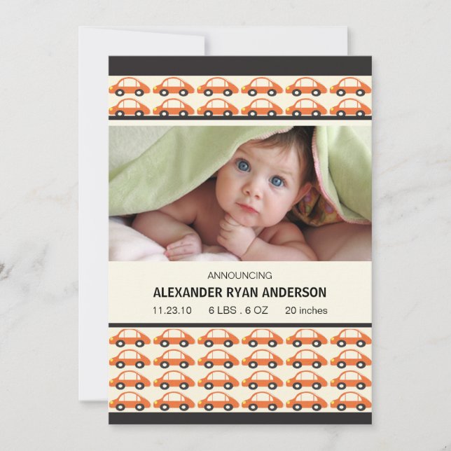 ¡Honk! Coches Naranjas Anuncio de Nacimiento Niño (Anverso)