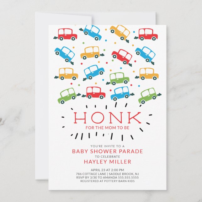 ¡HONK! Invitación Baby Shower de Drive By Cars (Anverso)