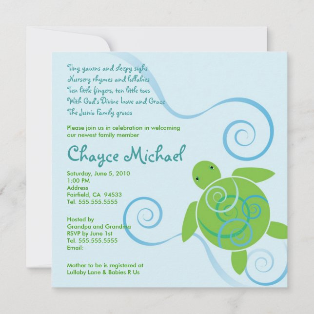 Honu Swirls con Poema Baby Shower Invitación (Anverso)