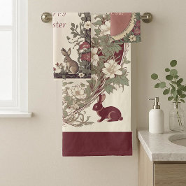 Hoppy Easter Bunny Art Nouveau Burgundy Farmhouse