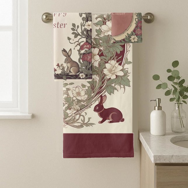 Hoppy Easter Bunny Art Nouveau Burgundy Farmhouse (Hoppy Easter Bunny Art Nouveau Burgundy Farmhouse Bath Towel Set)