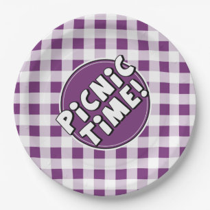 Hora de picnic en plato de papel patrón de cuadros