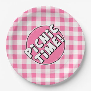 Hora de picnic en plato de papel patrón de gingham