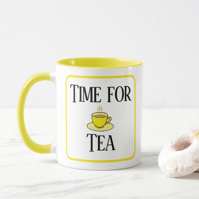 Hora de tomar té, taza de té amarilla. Con tu nomb (Con donut)