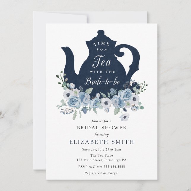 Hora de una invitación para duchas azules de té (Anverso)