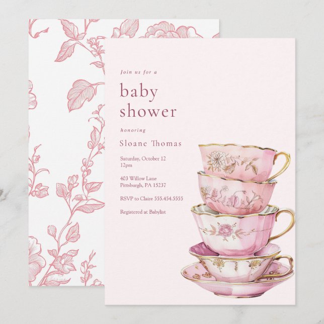 Hora rosa para la invitación a Baby Shower por té (Anverso / Reverso)
