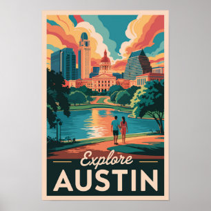 Horizonte de Austin Texas Arte de Viaje Vintage