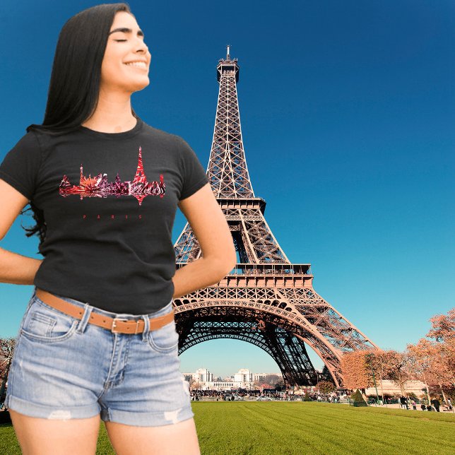 Horizonte de París Francia Romántico Rosa Camiseta (Paris, France, black t-shirt for women)