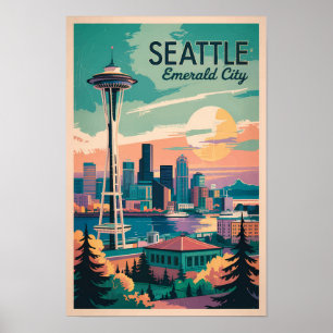 Horizonte de Seattle Washington Arte de Viaje Vint