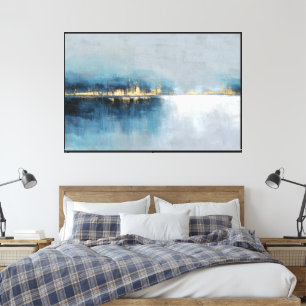 Horizonte Dorado Abstracto en Arte Azul y Blanco