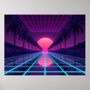 Horizonte Retro Synthwave - Póster de Cuadrícula d