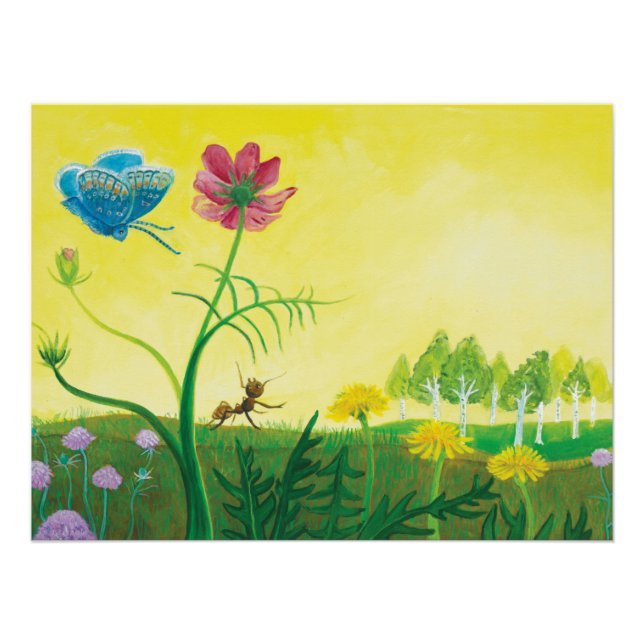Hormiga y mariposa en el poster del prado de flore (Anverso)