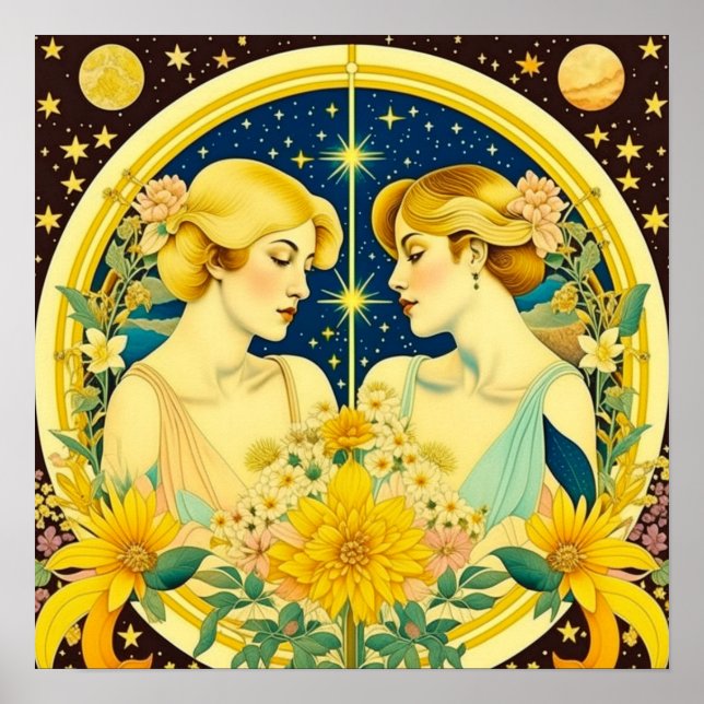 Horoscopio Rótulo Gemini Twins Arte etéreo (Frente)