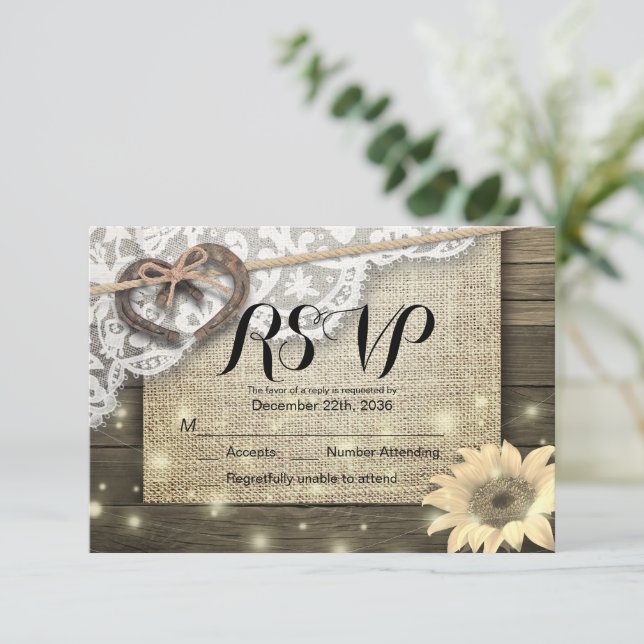 Horseshoe Sunflower Wood Wedding RSVP Responder am (Anverso de pie)