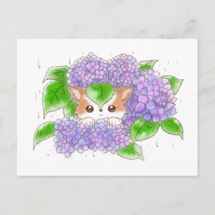 Hortensia y Mochi Tarjeta postal de día lluvioso p