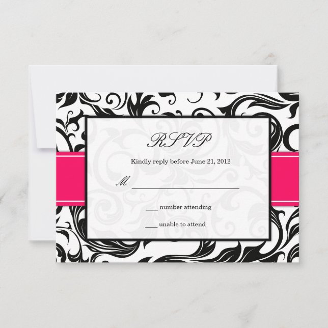 Hot Pink and Black Swirl Wedding RSVP (Anverso)