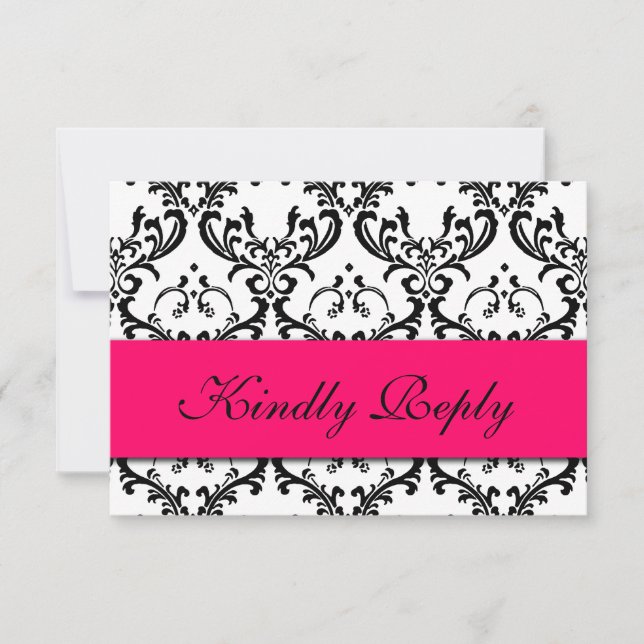 Hot Pink Black Damask Wedding RSVP (Anverso)