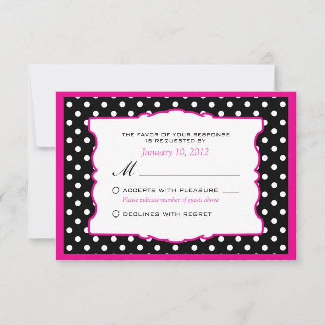 Hot Pink Black & White Polka Dot Wedding RSVP (Anverso)
