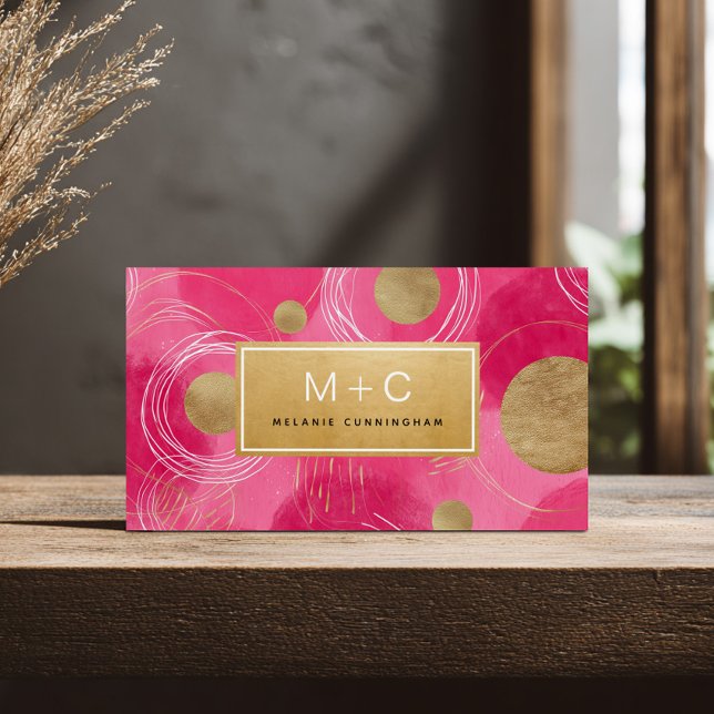 Hot Pink Gold Abstract Monogram Business Cards (Subido por el creador)