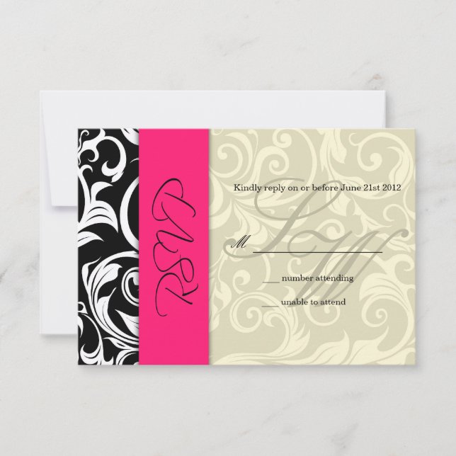 Hot Pink Ivory Swirl Wedding RSVP (Anverso)