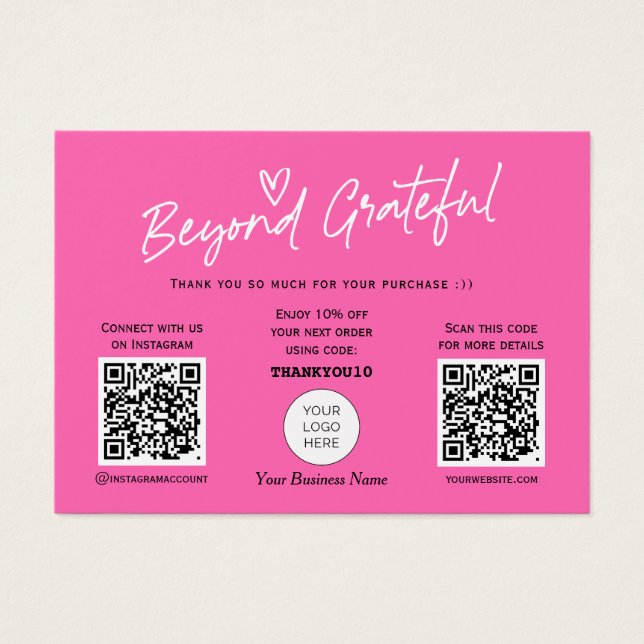 Hot Pink Modern Script QR code thank you card (Frente)