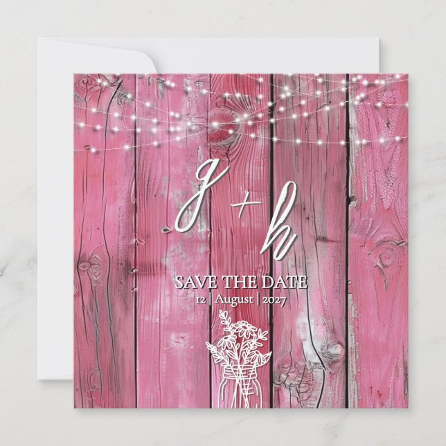 Hot Pink Rustic Wood String Lights Save the Dates (Anverso)