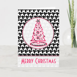 Houndstooth y tarjeta rosada del árbol de navidad