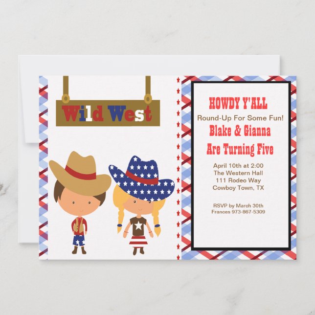 ¡HOWDY! Invitación al cumpleaños de Cowboy y Cowgi (Anverso)