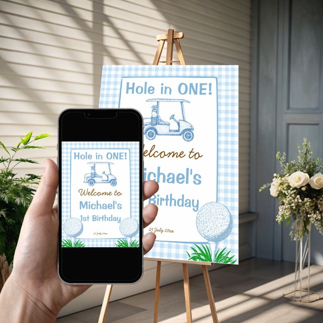 Hoyo en un golf azul señal de bienvenida de primer (Hole in one blue gingham golf 1st birthday welcome sign poster template instant download)