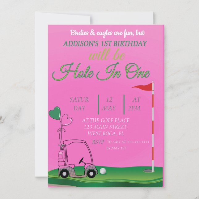 Hoyo en un golf rosa Invitación al cumpleaños del  (Anverso)