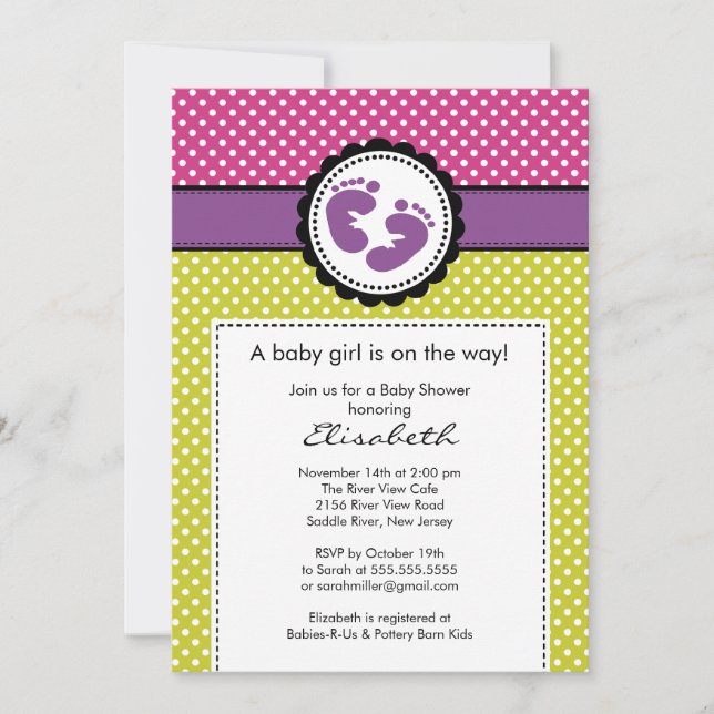 Huella Baby Shower Invitación a puntos de polka mo (Anverso)