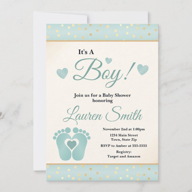 Huella Baby Shower Invitación Boy, Baby Toes (Anverso)