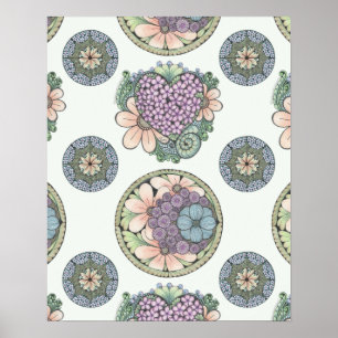 Huella de arte de doodles de corazón y flores, gra