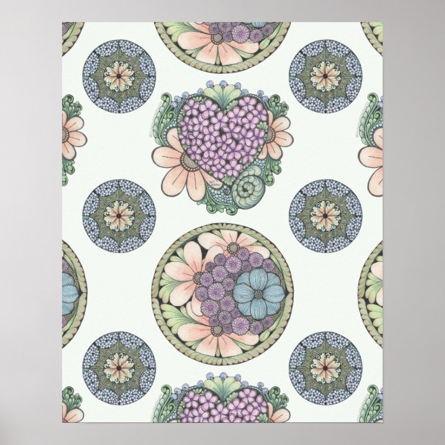 Huella de arte de doodles de corazón y flores, gra (Frente)