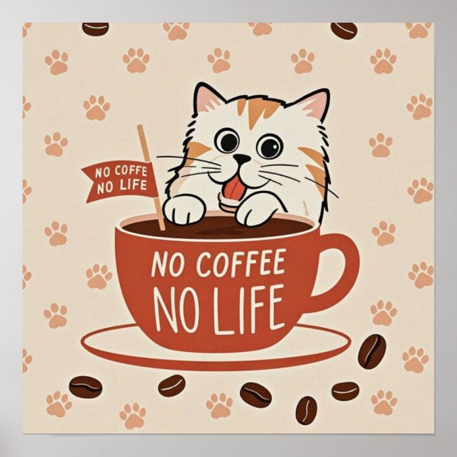 Huella de gato pequeña y granos de café Póster (Frente)