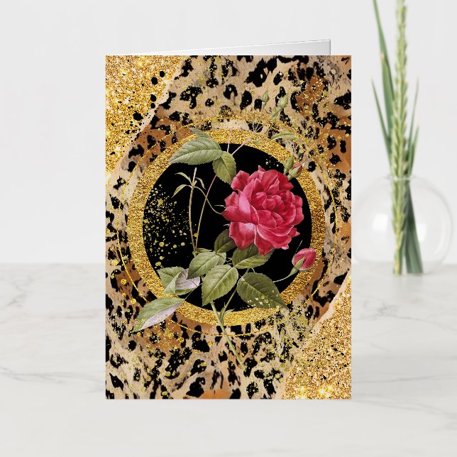 huella de leopardo con rosas y purpurina de oro (Anverso)