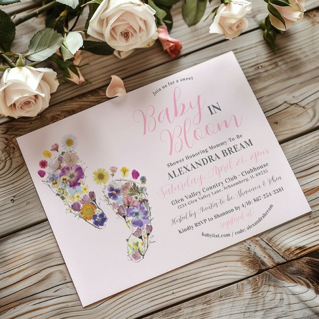 Huellas de flores silvestres lindo Invitación a la (Pressed wildflowers Baby in Bloom pink gingham daisy floral footprints baby girl shower invitation)