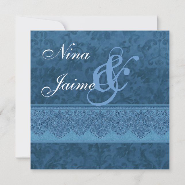Hues of Blue Damask Wedding Invitación E403 (Anverso)