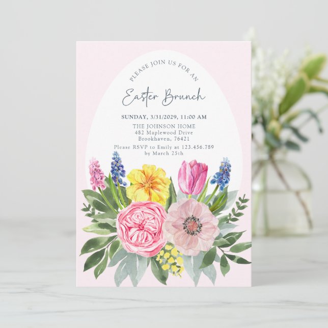 Huevo de Pascua, Invitación a Brunch rosa y floral (Anverso de pie)