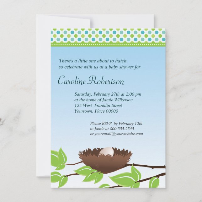 Huevo en pájaros nido invitación de Baby Shower (Anverso)