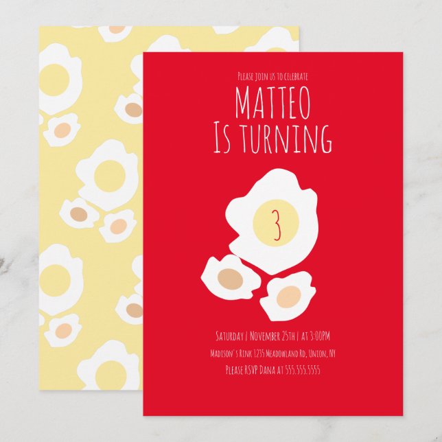 Huevo frito que cumple tres años de invitación (Anverso / Reverso)