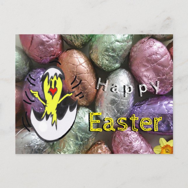 Huevos de Pascua con polvo. Postal feliz de Pascua (Anverso)