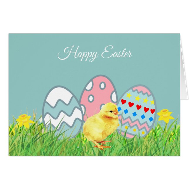 Huevos de Pascua pintados y polluelo lindo (Anverso (Horizontal))