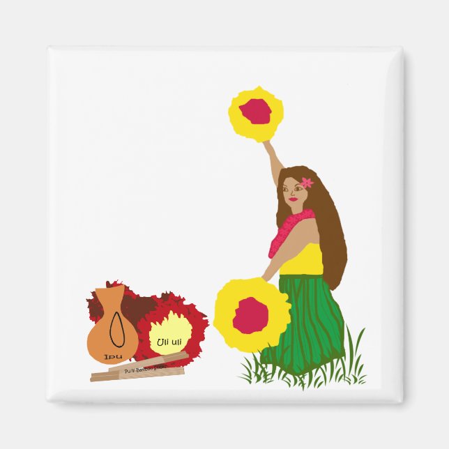 Hula Dancer con su imán de instrumentos hawaianos (Frente)