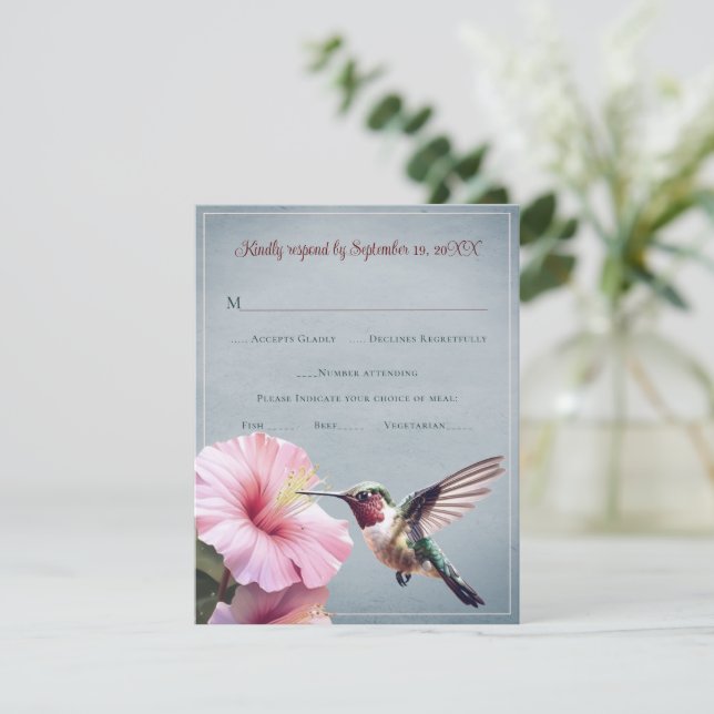 Hummingbird e Hibiscus | Blue Wedding RSVP (Anverso de pie)