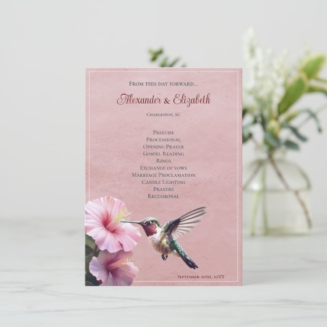 Hummingbird e Hibiscus | Programa de bodas rosadas (Anverso de pie)
