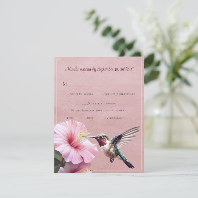 Hummingbird e Hibiscus | RSVP de boda rosada (Anverso de pie)